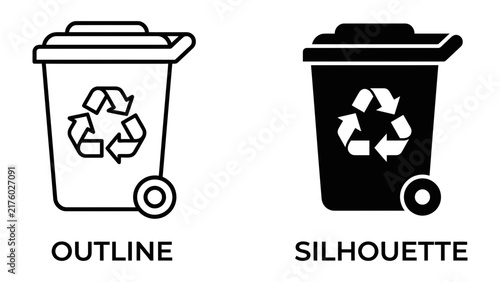 Recycling Bin Icons: Two distinct icons representing a recycling bin, one in outline and the other as a solid silhouette, both featuring the universal recycling symbol.