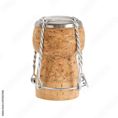Konstfotografi Single champagne cork with a silver wire cage and metal cap is isolated on a cle