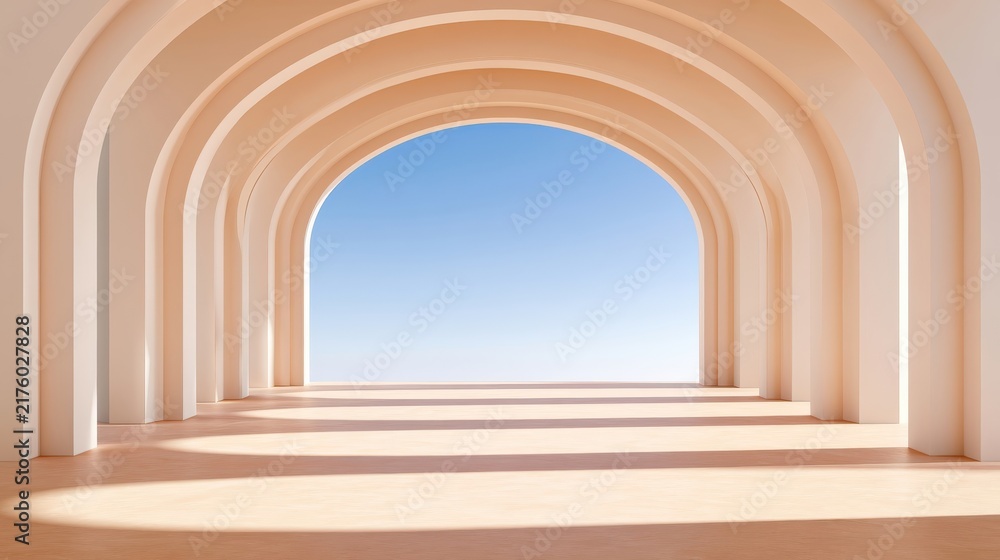 Obraz premium Soft pastel arches and columns in 3d abstract scene with blue sky