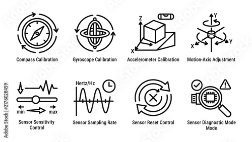Sensor Calibration and Adjustment Icons: A collection of line art icons representing various sensor calibration and adjustment processes, including compass, gyroscope, accelerometer, motion axis.