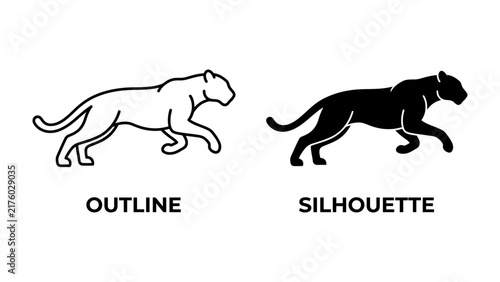 Quadro su tela Panther Outline and Silhouette: A sleek, stylized illustration of a panther shown in both outline and silhouette form, highlighting its powerful and predatory stance