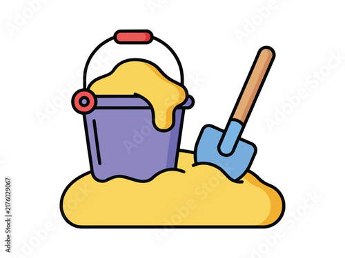 Sand Bucket with Purple Plastic Beach Pail and Blue Shovel on Yellow Sand, Colorful Outdoor Summer Toy for Children, Beach Play, Vacation and Sandbox Activities