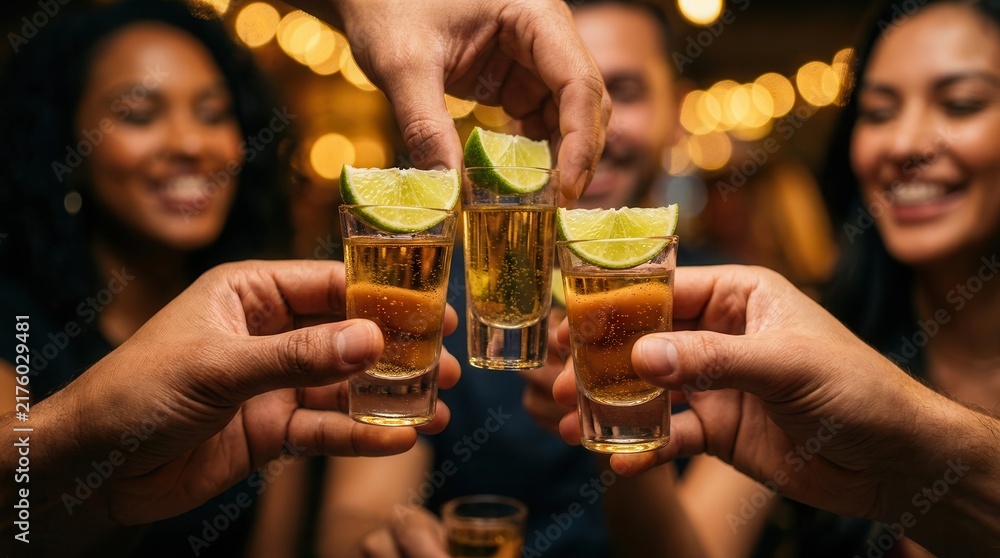 Obraz premium A celebratory group of friends enjoying tequila shots in a casual setting.