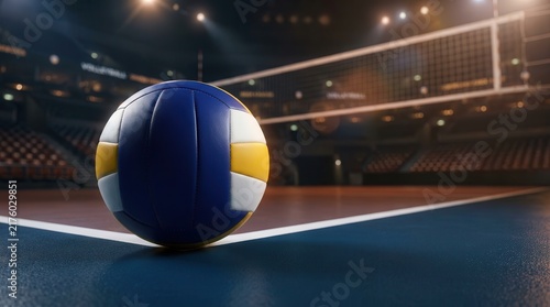 Professional volleyball net and ball on a blue court inside a large sports arena.