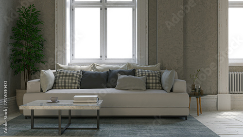 Foto Cozy modern classic living room interior design featuring a comfortable sofa with pillows, marble coffee table, indoor plant, and natural light from a large window