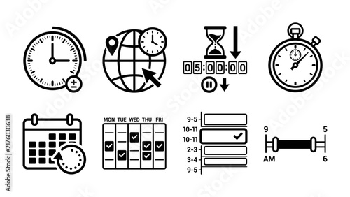 Time Management Icons: A collection of minimalist black and white icons representing various aspects of time management, including clocks, calendars, hourglass, stopwatch, and schedule planning.