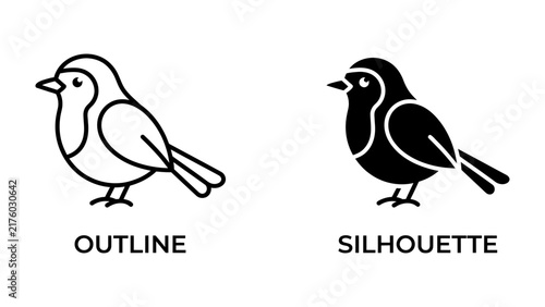 Bird Icon - Outline and Silhouette: Two minimalist representations of a bird, one as a clean outline and the other as a solid silhouette, perfect for graphic design and digital use.
