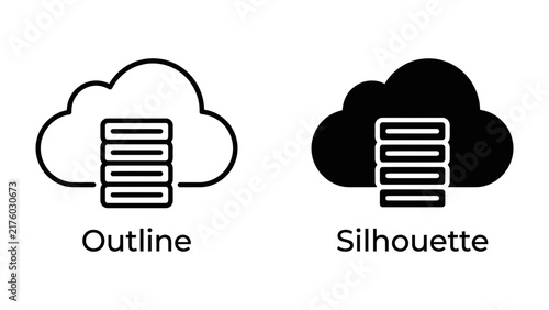Cloud Storage Icons: Two stylized cloud icons, one outlined and one silhouetted, both displaying stacked horizontal lines representing data storage.
