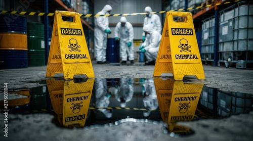 Protective suits and warning signs ensure secure containment during a chemical spill cleanup operation.