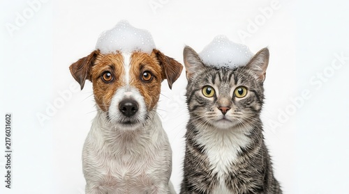 Pets getting a bath together with soap bubbles on heads isolated on white.