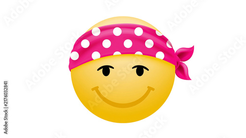Yellow smiley face wearing a pink polka dot bandana, isolated on transparent background