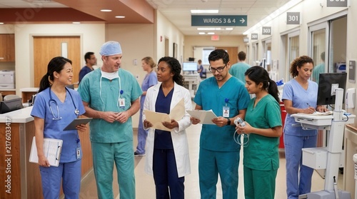 Diverse Medical Team Collaborating in a Modern Hospital Corridor