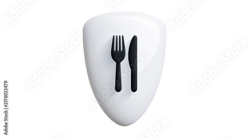 Glossy white shield emblem with black fork and knife icons, isolated on transparent background