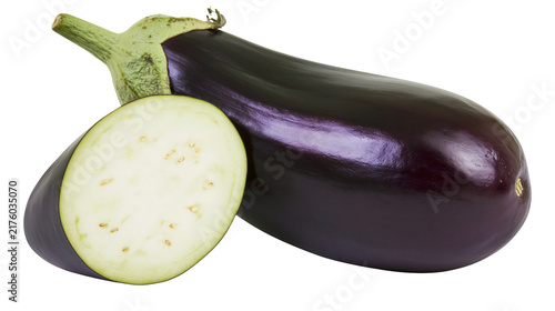 Whole dark purple eggplant and a halved eggplant showing white flesh and seeds, isolated on transparent background