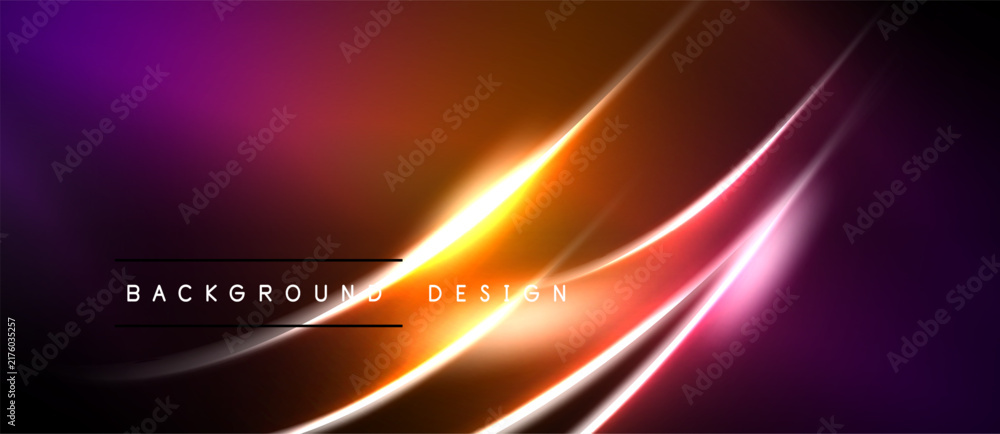 Obraz premium Abstract background features vibrant neon lines, gradients. Purple, orange hues create dynamic visual effect. Text reads background design.