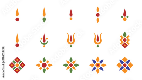 Traditional vector icons of sacred Indian Tilak Symbol designs and geometric floral motifs, concept for Hindu spiritual identity, perfect for festive graphic design and cultural invitations.