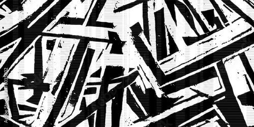 Abstract black geometric brush stroke texture on white background, bold grunge pattern