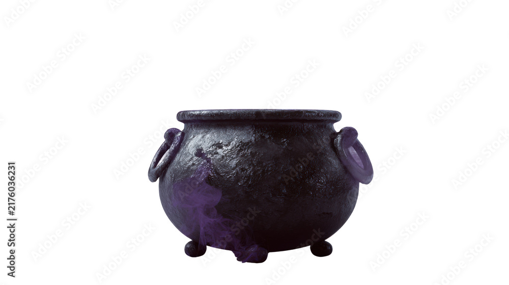 Obraz premium Black iron witch cauldron bubbling with glowing purple magic smoke and sparkling stars creating mystical dark Halloween potion scene on white background