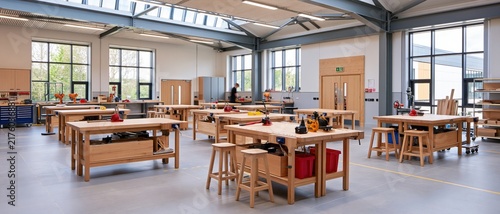 Vocational training workshop with rows of wooden workbenches and tools under natural light