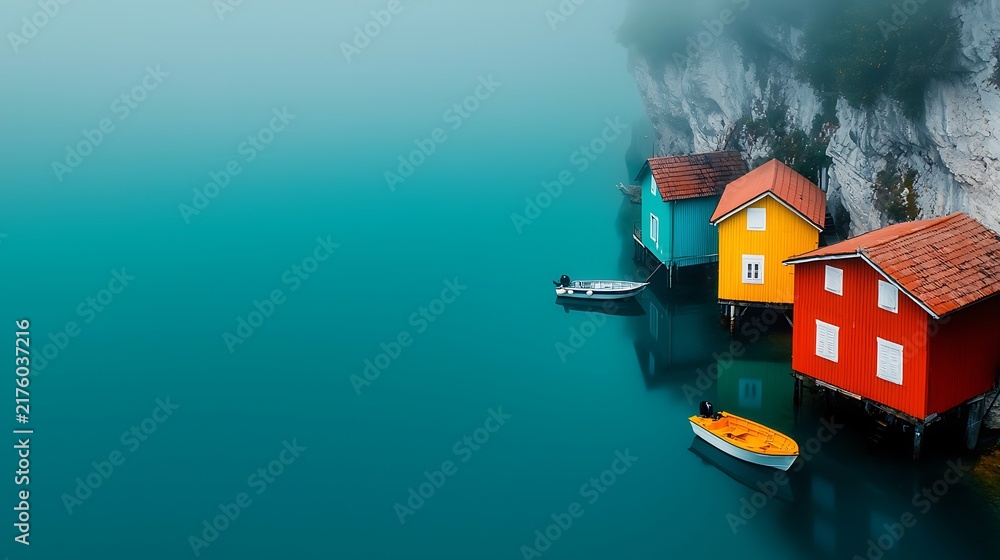 Naklejka premium Colorful stilt houses on calm turquoise water under heavy fog.