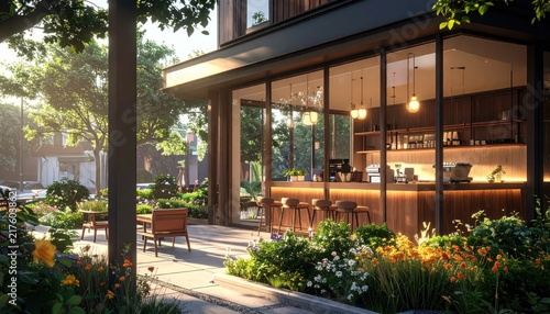 Upscale outdoor restaurant terrace with evening garden lighting.