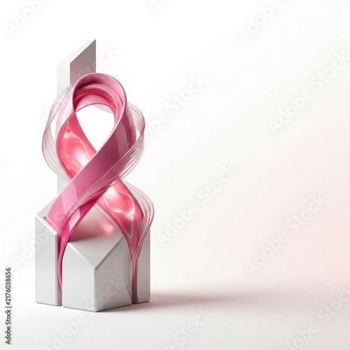 Breast cancer awareness pink ribbon symbol on white pedestal background
