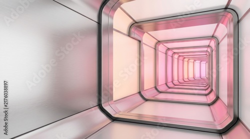 Pink neon tunnel corridor with geometric panels for health care concept