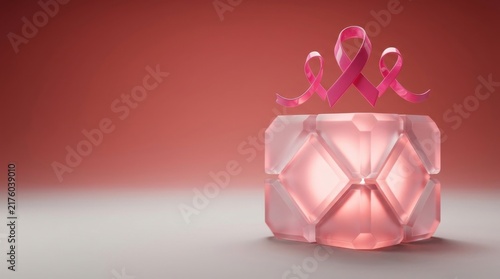 Pink breast cancer awareness cake with ribbon in soft studio light with support symbolism