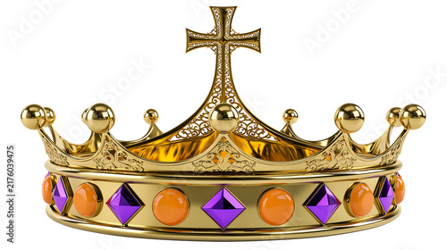 фотографія Ornate golden crown with purple diamonds and orange gems, isolated on transparen