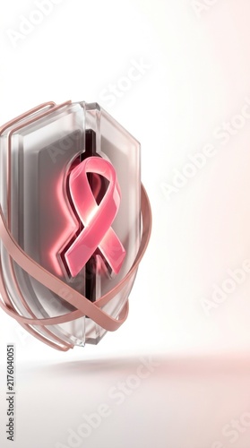 Breast cancer awareness pink ribbon on metallic shield close up image