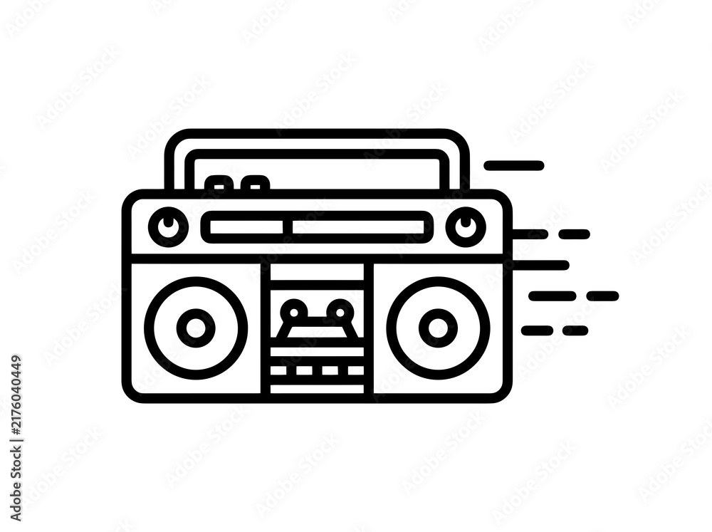 Fototapeta premium Retro boombox with cassette tape playing music and moving fast with black and white lines