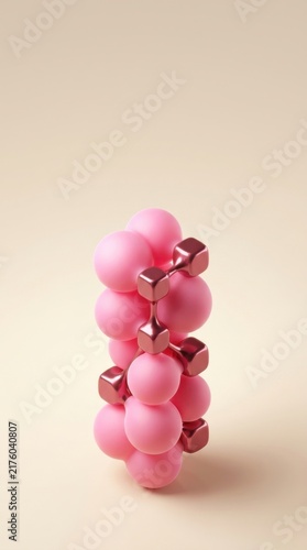 Pink bubble cluster linked by metallic structures on beige background