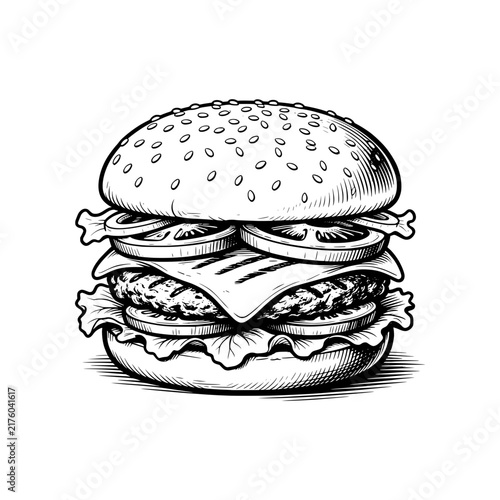 Classic American Hamburger vector illustration featuring a juicy beef patty, melted cheese, lettuce, tomato, onion and pickles inside a sesame seed bun. Perfect for American food, cheeseburger, fast f