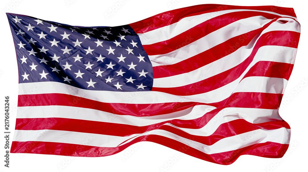 Obraz premium Waving American flag with red and white stripes and blue field with stars, isolated on transparent background