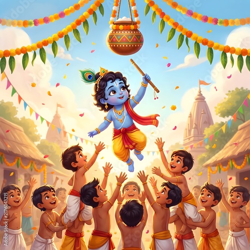 Vibrant illustration of Bal Krishna reaching for a Dahi Handi during Janmashtami festival, surrounded by joyful children in a traditional village setting.
