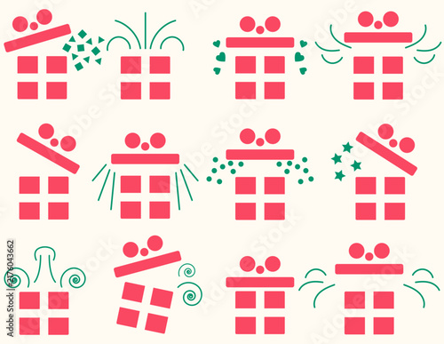 opening gift boxes confetti christmas boho icons set