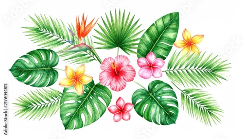 Watercolor tropical green leaves and exotic hibiscus flowers.