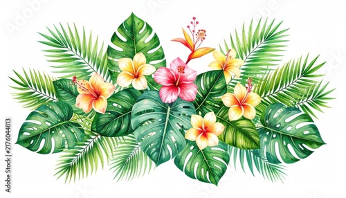 Watercolor tropical hibiscus flowers and palm foliage.