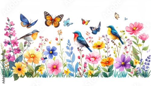 Watercolor wildflower meadow border with birds and butterflies.