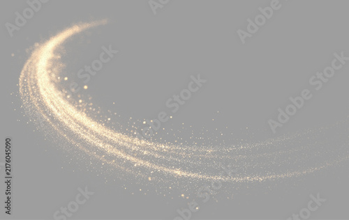 Foto Golden luminous swirl with flowing light trails and glittering dust particles forming a dynamic circular vortex on a soft gray background