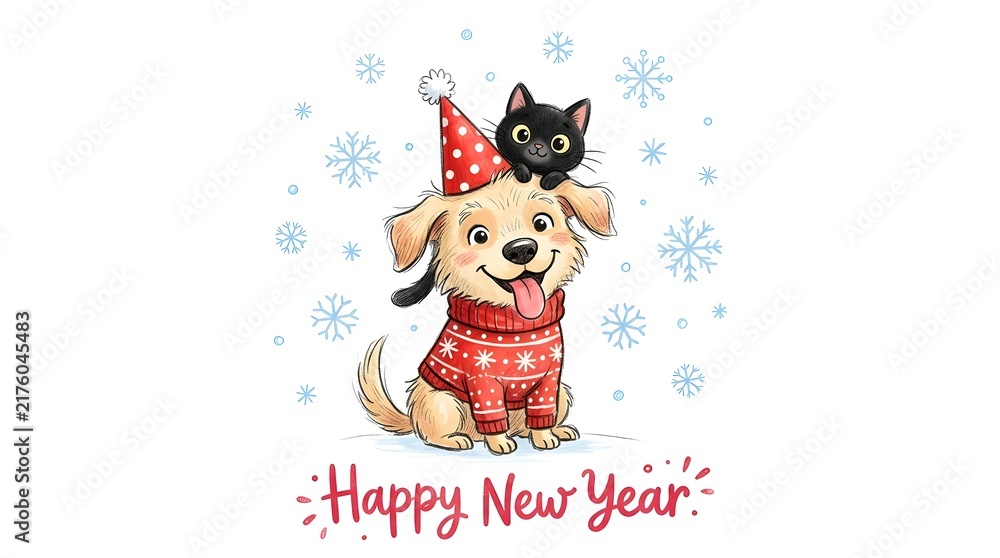 Fototapeta premium Cute watercolor illustration of a puppy and kitten celebrating new year day with festive hats and winter sweaters