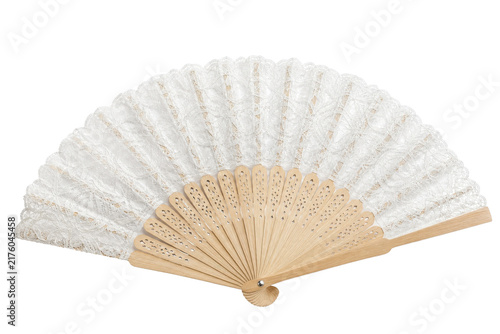 Принти на полотні Elegant white lace hand fan with intricate floral patterns and carved wooden rib