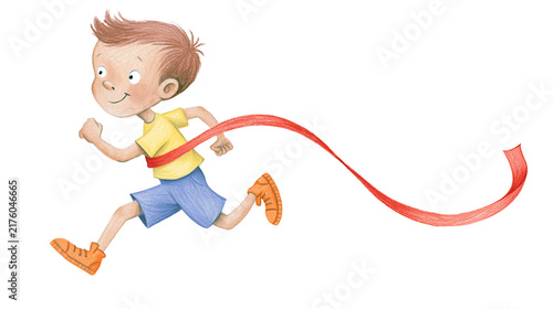Happy boy in yellow shirt and blue shorts breaking red ribbon, isolated on transparent background