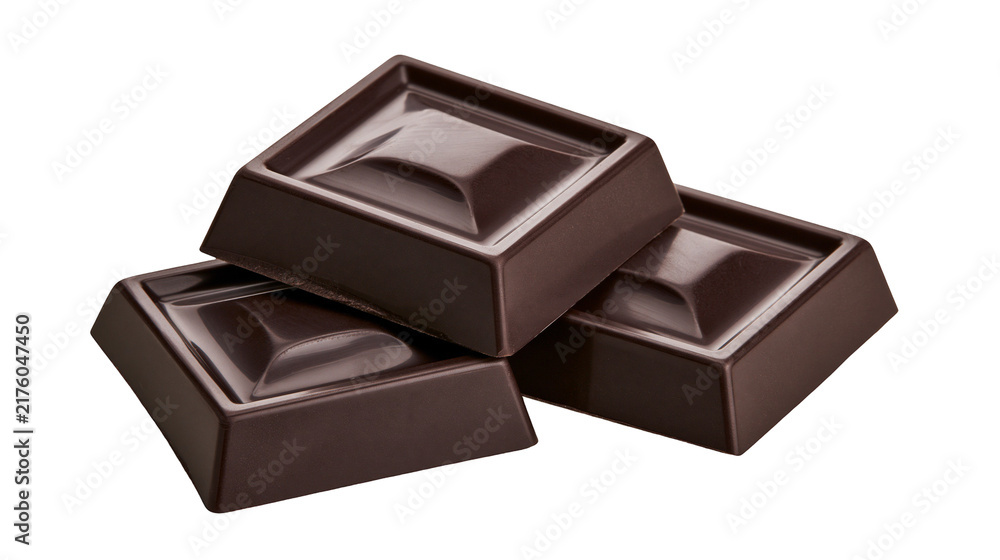 Fototapeta premium Dark chocolate squares stacked, isolated on transparent background