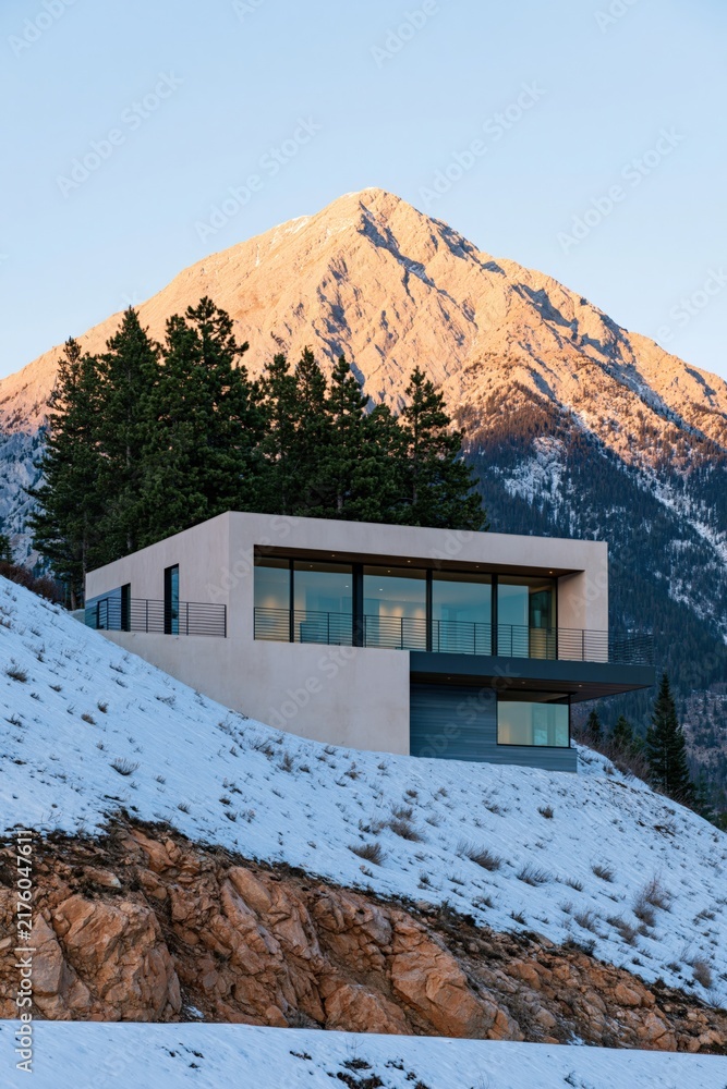 Obraz premium Contemporary rectangular mountain home on a snowy hillside at golden hour with panoramic windows for background and alpine atmosphere