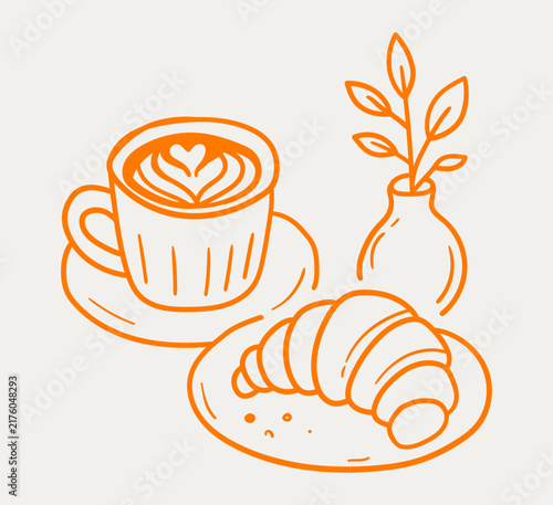 Hand Drawn Coffee Cup with Croissant and Decorative Plant Illustration