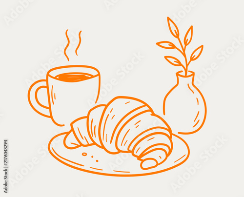Hand Drawn Coffee Cup with Croissant and Decorative Plant Illustration