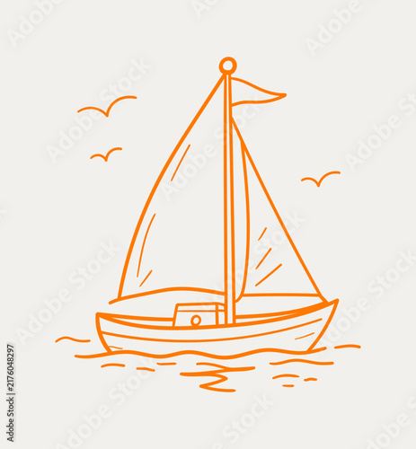 Hand Drawn Sailboat Sailing on Ocean with Seagulls Illustration