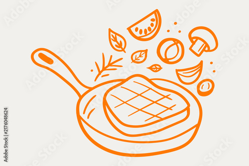 Hand Drawn Grilled Steak in Frying Pan with Herbs and Garnishes