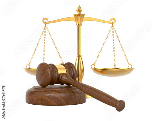 Gold balance scale stands behind wooden gavel and base on isolated white background. Isolated 3D illustration